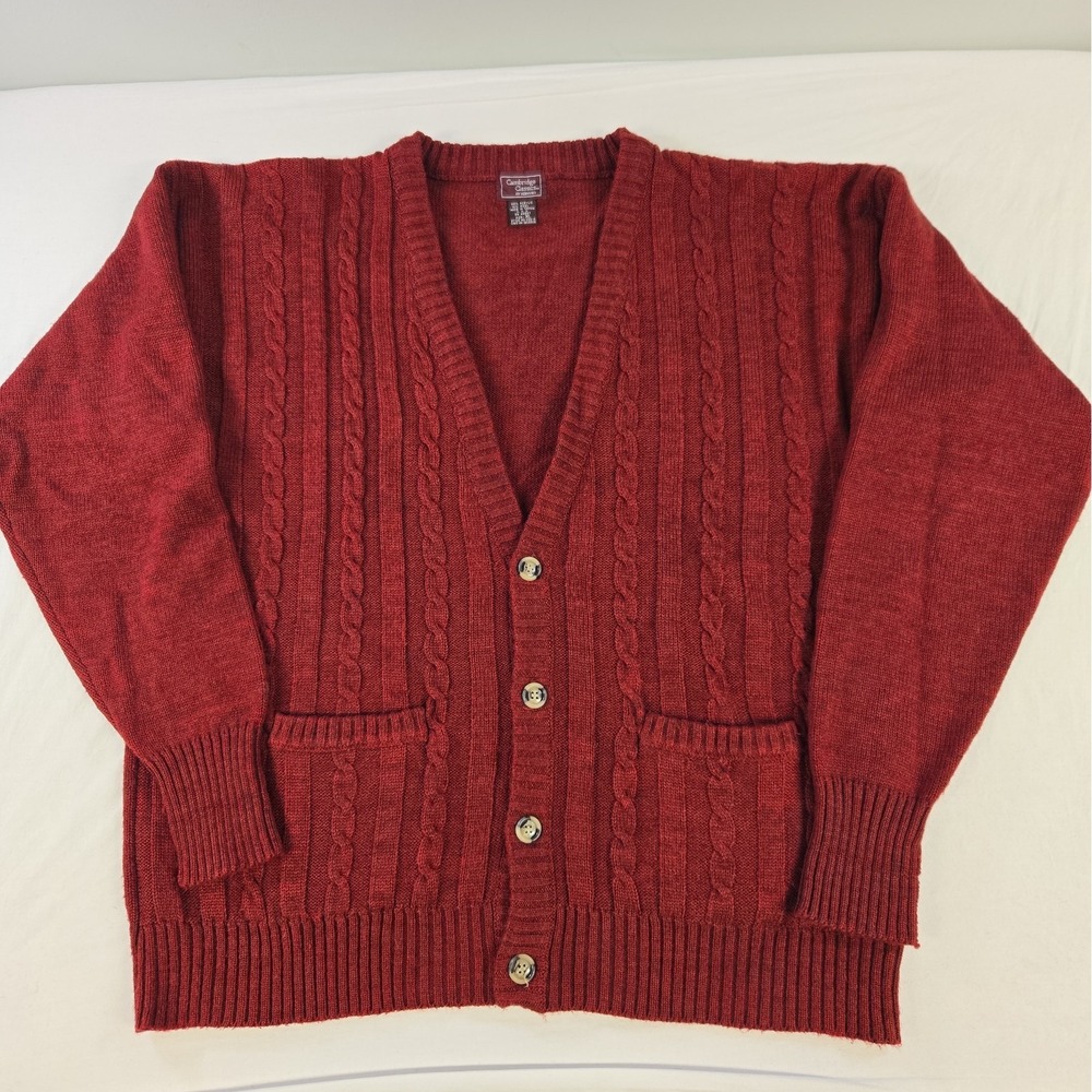 Vintage Cambridge Classics Cable Knit Button Cardigan Sweater Mens XL Burgundy
